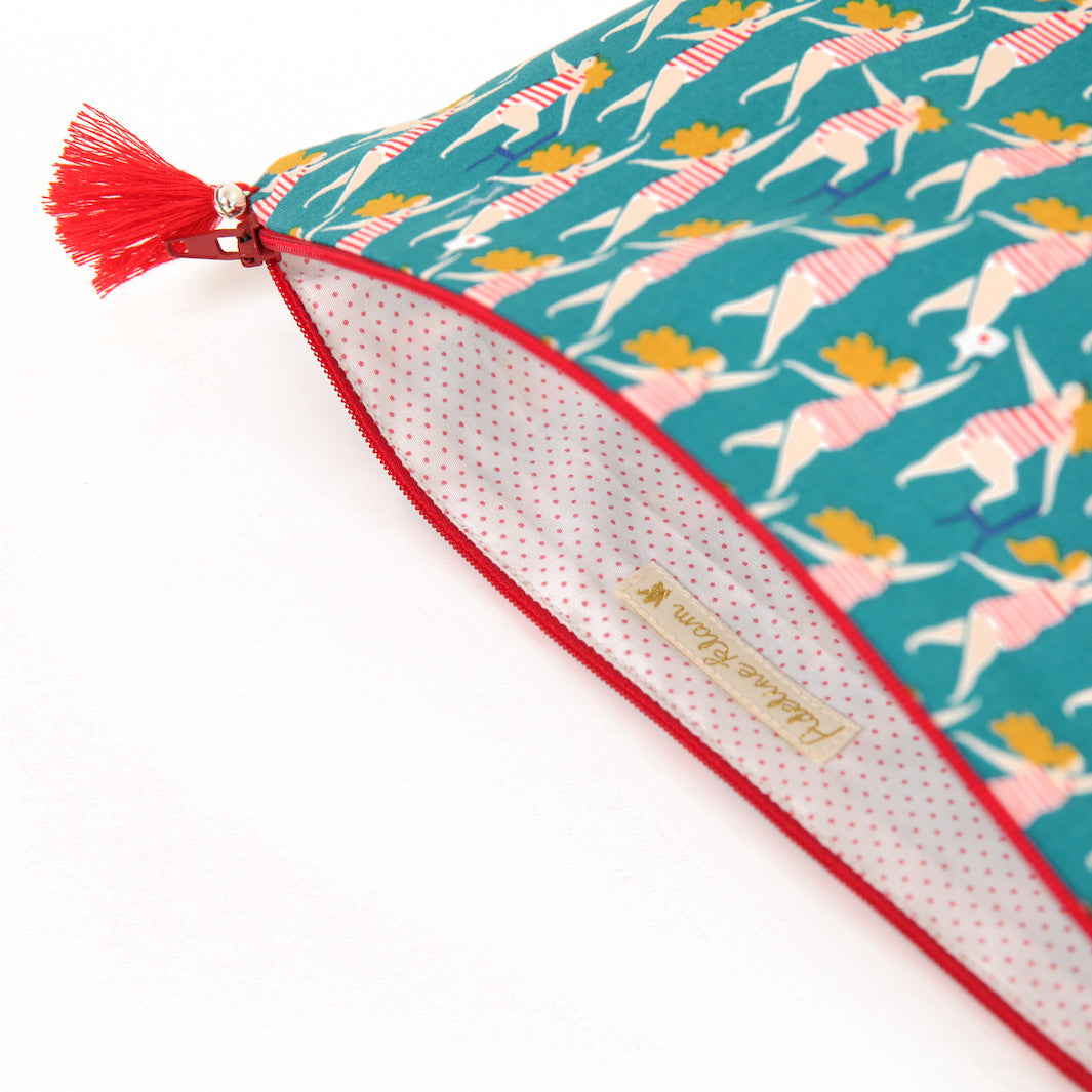 Pencil Case with Japanese Fabric Background - Bather - Turquoise, Red and Yellow