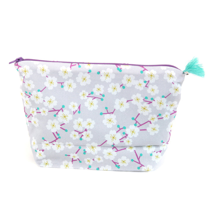 Pencil Case with Fabric Background - Cherry Blossom Branches - Pale Mauve, Violet, Mint Green, Mustard Yellow and White