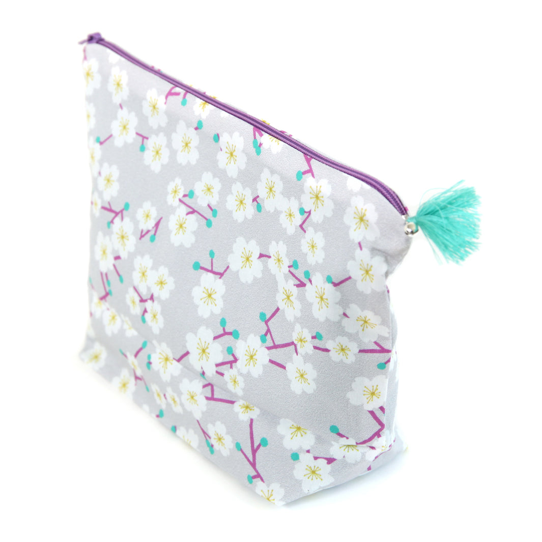 Pencil Case with Fabric Background - Cherry Blossom Branches - Pale Mauve, Violet, Mint Green, Mustard Yellow and White