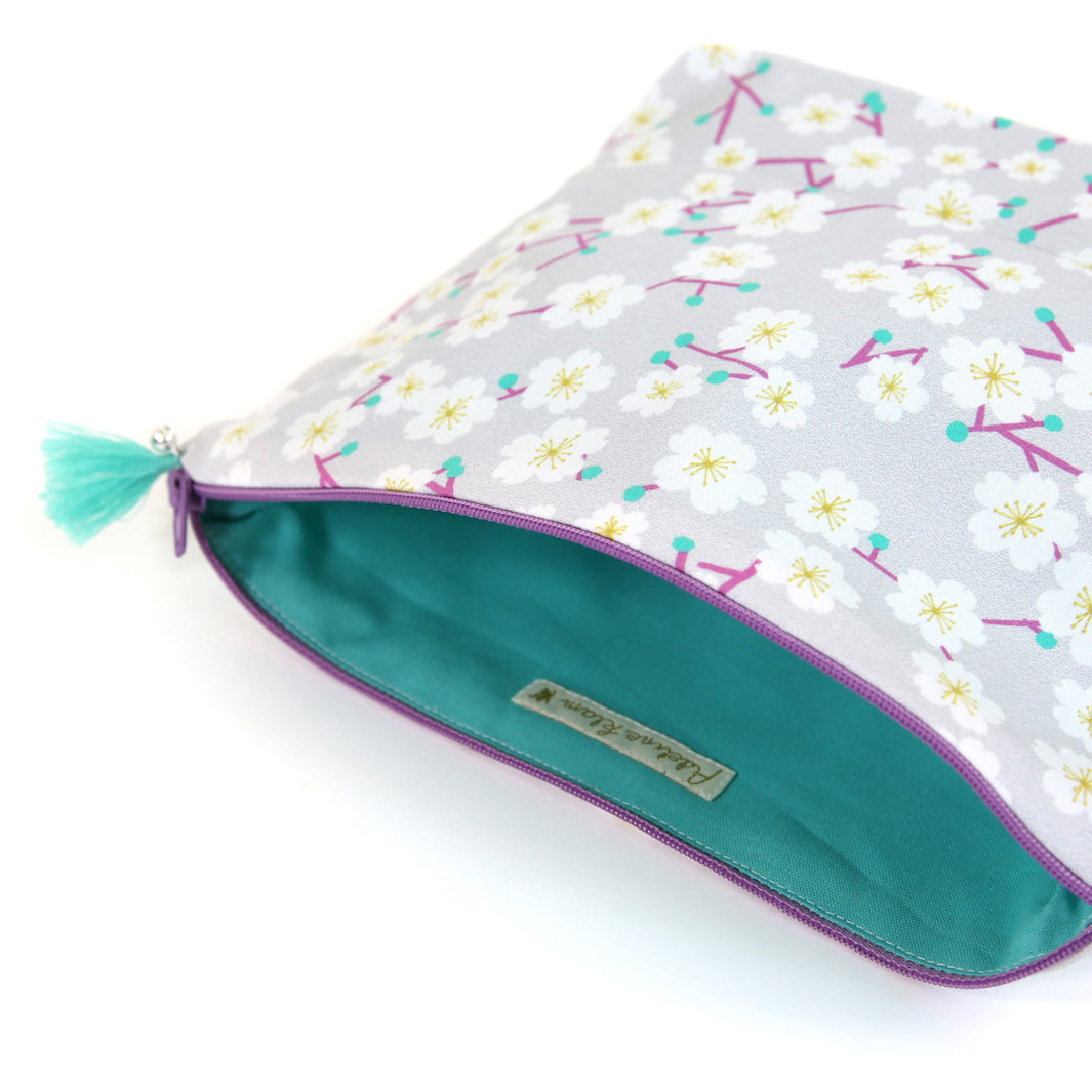 Pencil Case with Fabric Background - Cherry Blossom Branches - Pale Mauve, Violet, Mint Green, Mustard Yellow and White