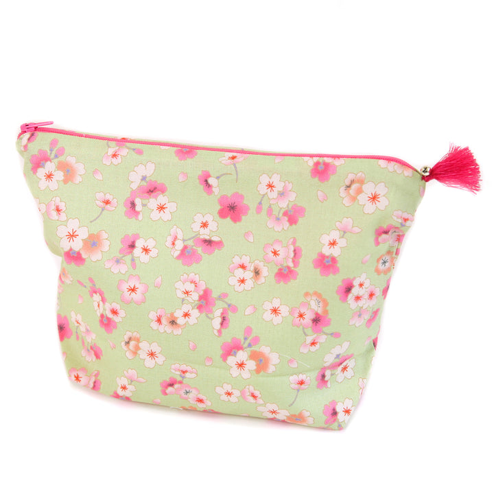 Trousse avec Fond en Tissus Japonais - Fleurs de Cerisier - Vert, Rose, Blanc et Corail