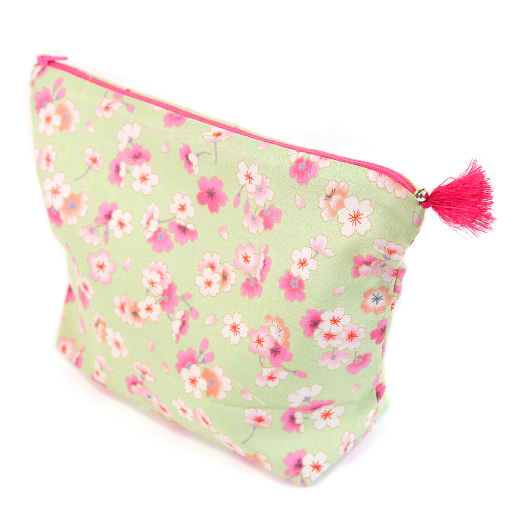 Trousse avec Fond en Tissus Japonais - Fleurs de Cerisier - Vert, Rose, Blanc et Corail
