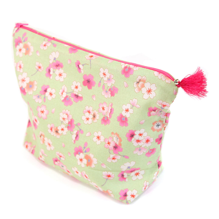 Trousse avec Fond en Tissus Japonais - Fleurs de Cerisier - Vert, Rose, Blanc et Corail