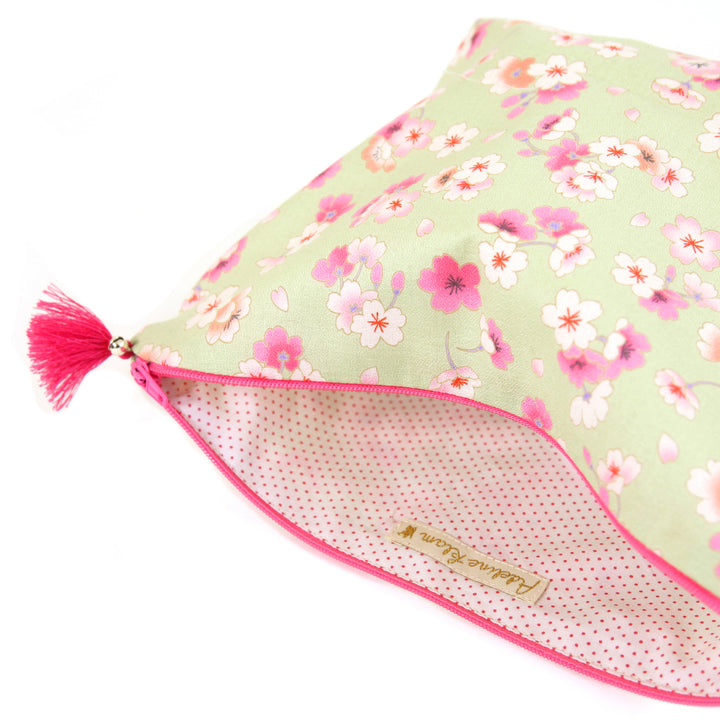 Trousse avec Fond en Tissus Japonais - Fleurs de Cerisier - Vert, Rose, Blanc et Corail