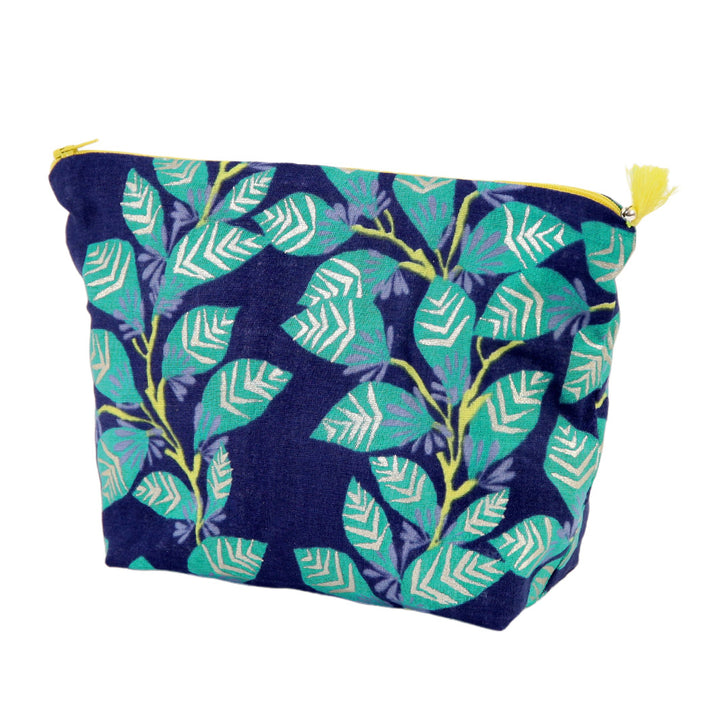 Trousse avec Fond en Tissus Japonais - Gros Branchages - Bleu, Vert et Jaune