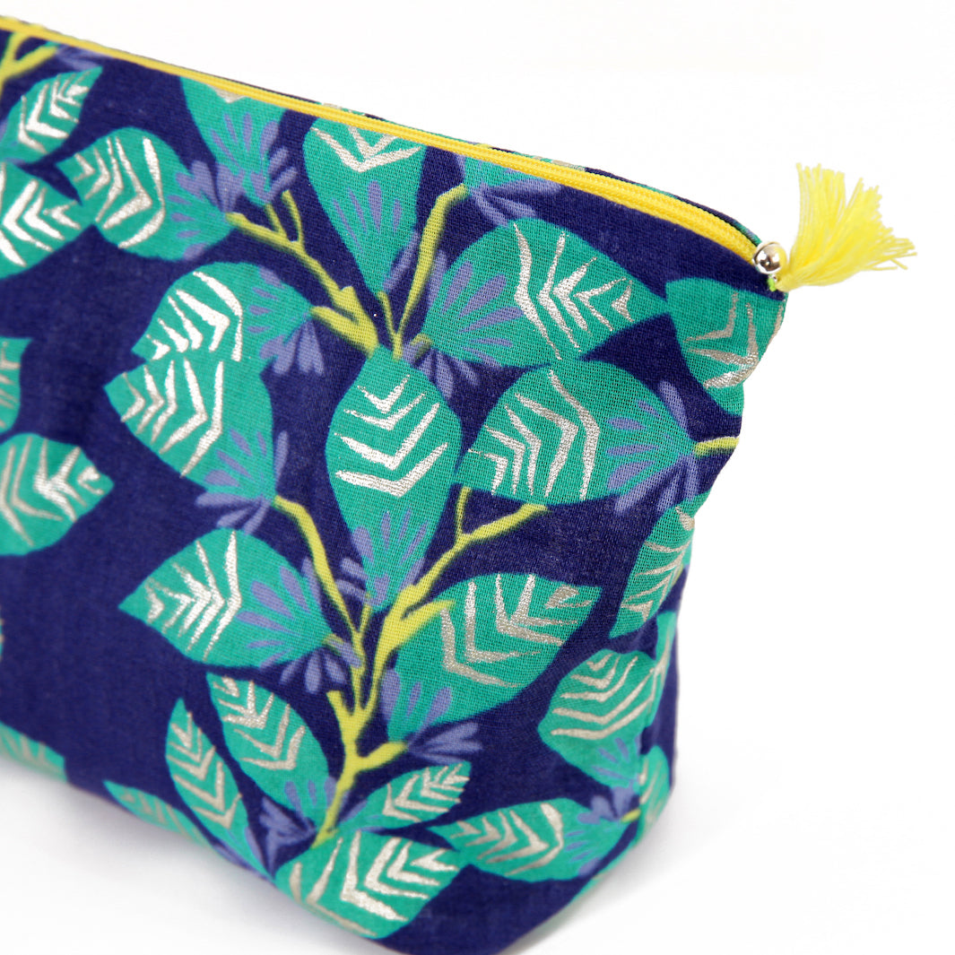 Trousse avec Fond en Tissus Japonais - Gros Branchages - Bleu, Vert et Jaune