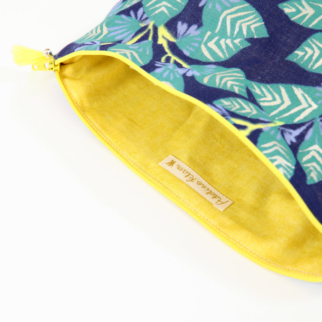 Trousse avec Fond en Tissus Japonais - Gros Branchages - Bleu, Vert et Jaune