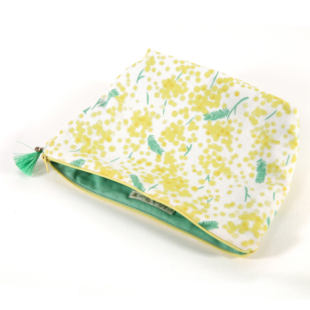 Pencil case with Japanese fabric background - Mimosa - Yellow and Green