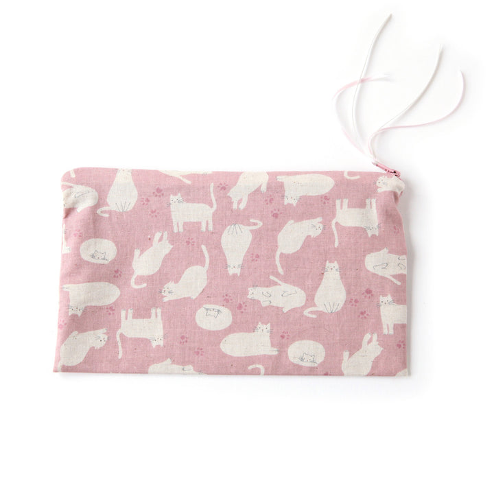 Flat Pencil Case in Japanese Fabrics - Cats - Old Pink and Beige