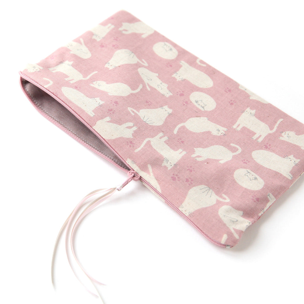 Flat Pencil Case in Japanese Fabrics - Cats - Old Pink and Beige