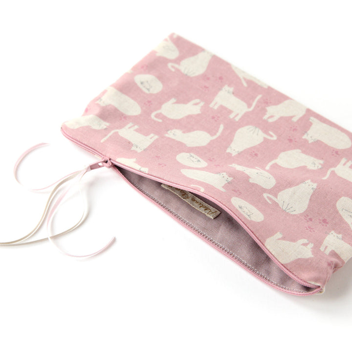 Flat Pencil Case in Japanese Fabrics - Cats - Old Pink and Beige