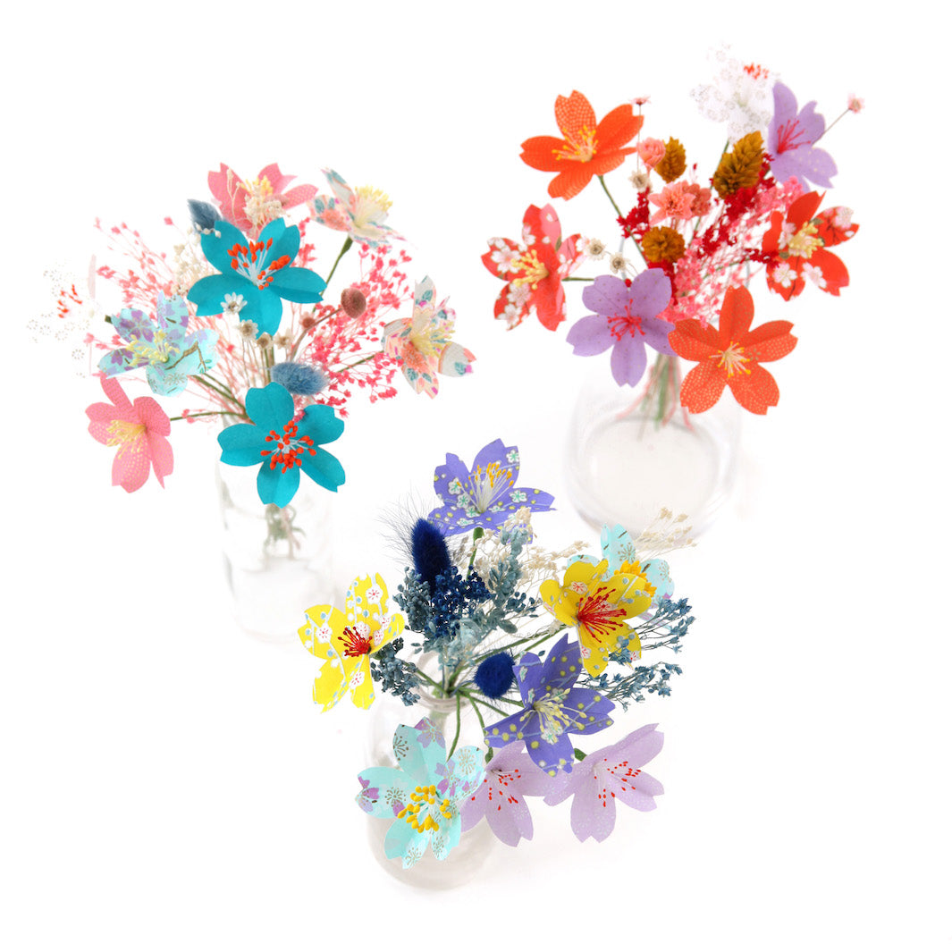 Bouquet of Japanese Paper Flowers and Dried Flowers - Purple, Green, Yellow and Turquoise