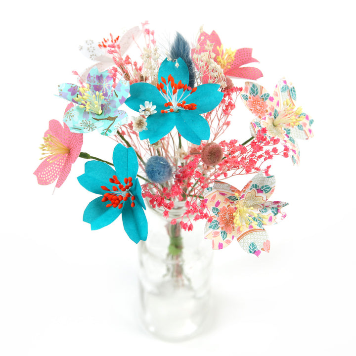 Bouquet of Japanese Paper Flowers and Dried Flowers - Pink, Mauve, Orange and Turquoise