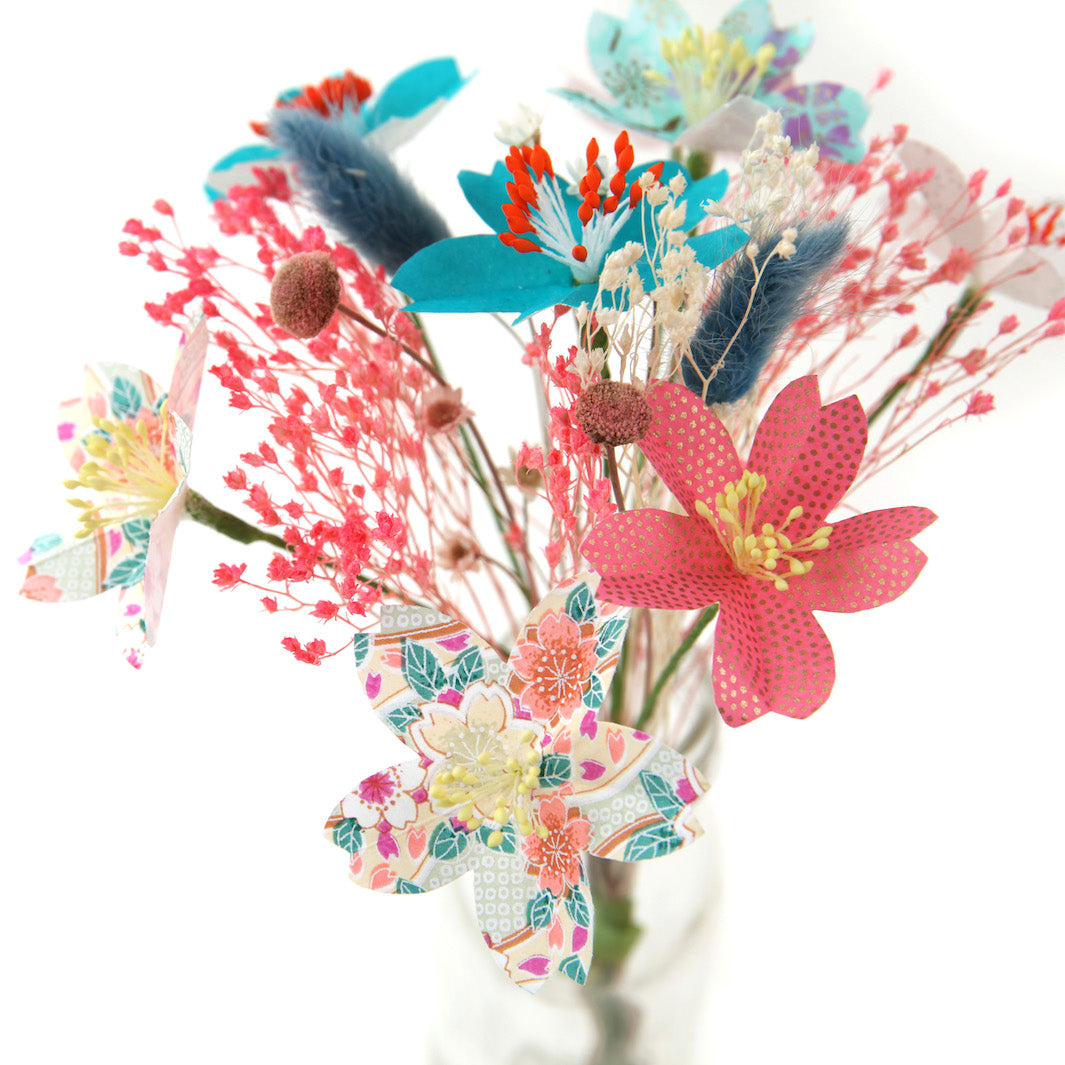 Bouquet of Japanese Paper Flowers and Dried Flowers - Pink, Mauve, Orange and Turquoise