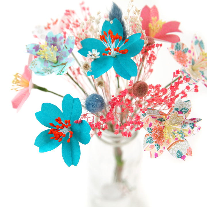 Bouquet of Japanese Paper Flowers and Dried Flowers - Pink, Mauve, Orange and Turquoise