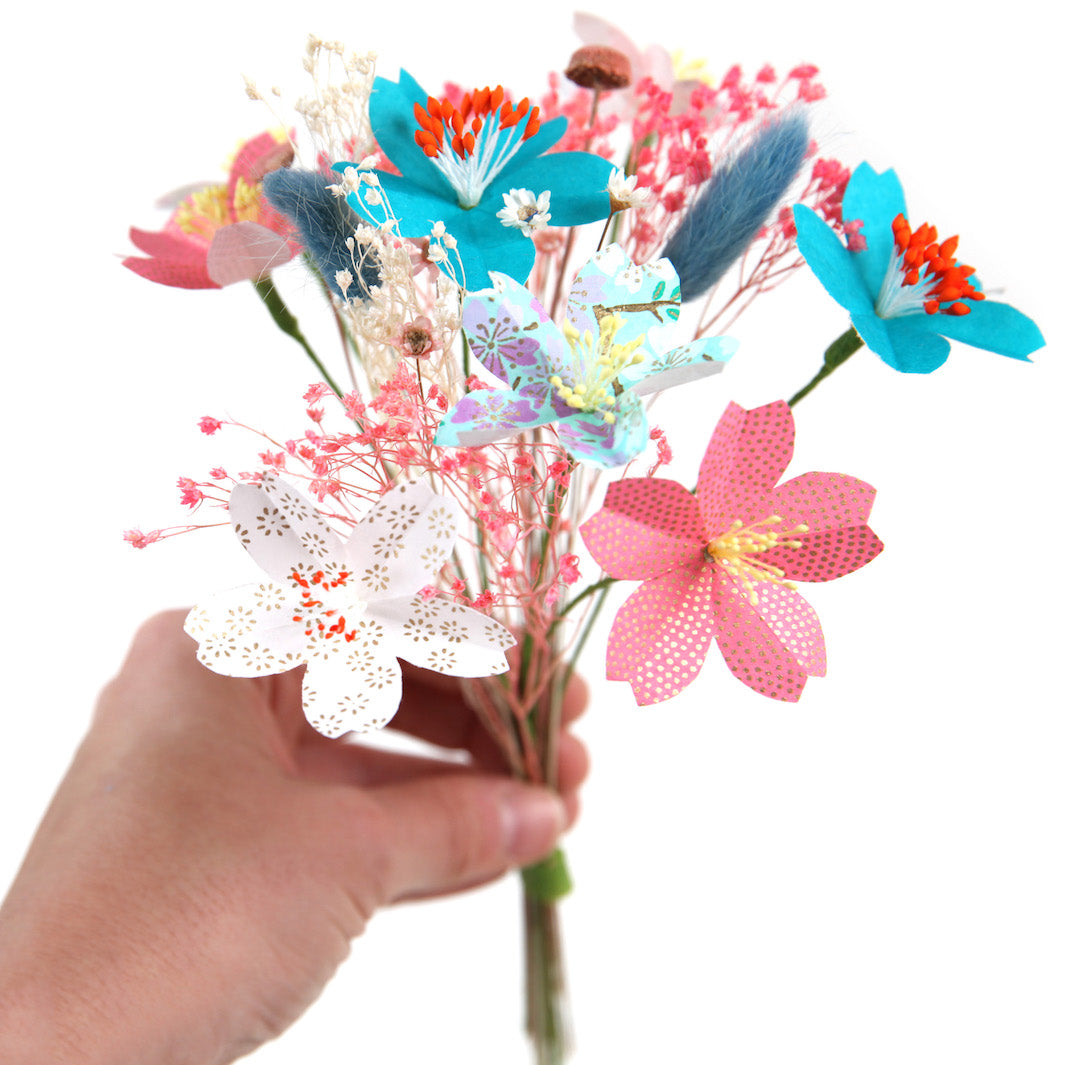 Bouquet of Japanese Paper Flowers and Dried Flowers - Pink, Mauve, Orange and Turquoise