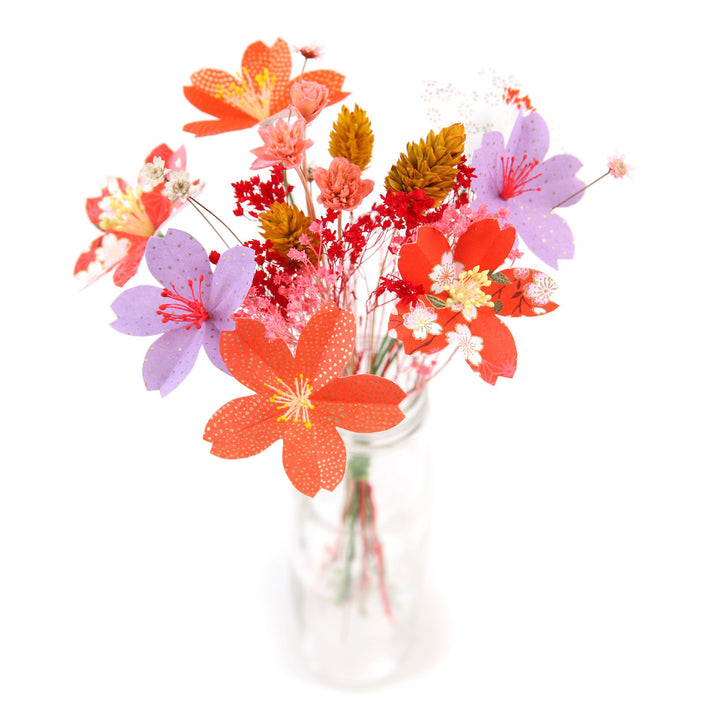 Bouquet de Fleurs en Papier Japonais et Fleurs Séchées - Rouge, Orange et Mauve