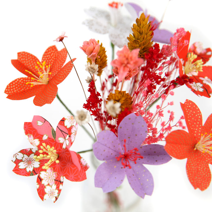 Bouquet de Fleurs en Papier Japonais et Fleurs Séchées - Rouge, Orange et Mauve