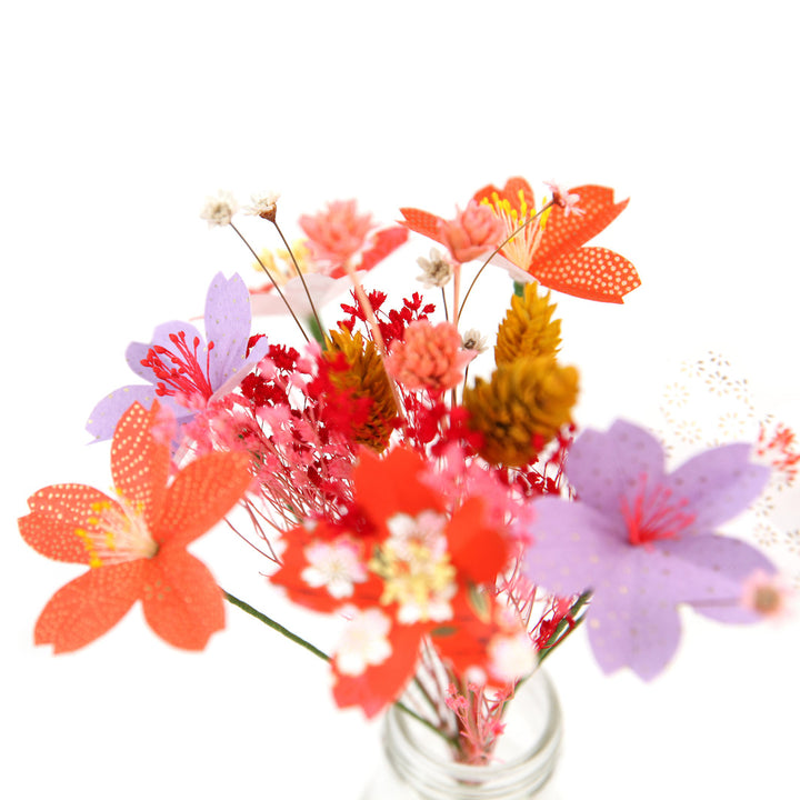 Bouquet de Fleurs en Papier Japonais et Fleurs Séchées - Rouge, Orange et Mauve