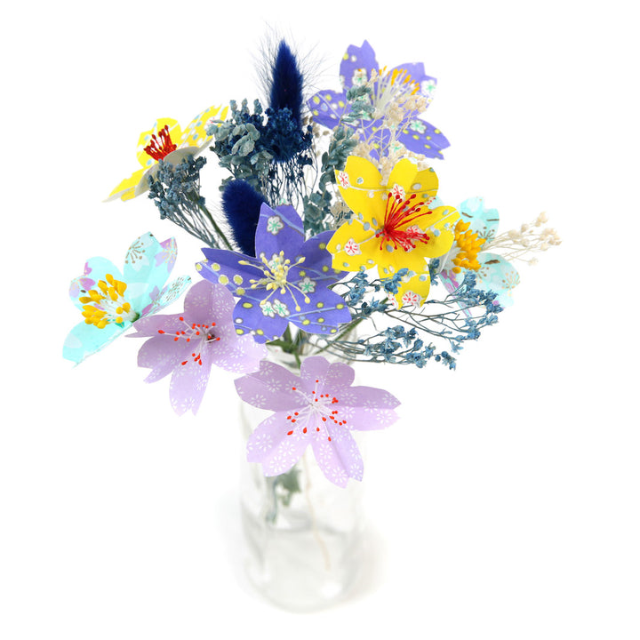 Bouquet of Japanese Paper Flowers and Dried Flowers - Purple, Green, Yellow and Turquoise