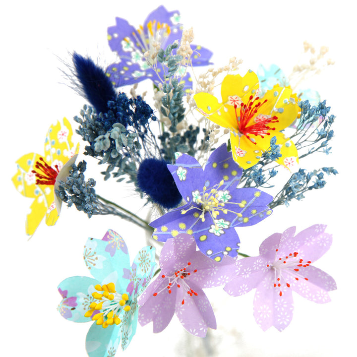 Bouquet of Japanese Paper Flowers and Dried Flowers - Purple, Green, Yellow and Turquoise