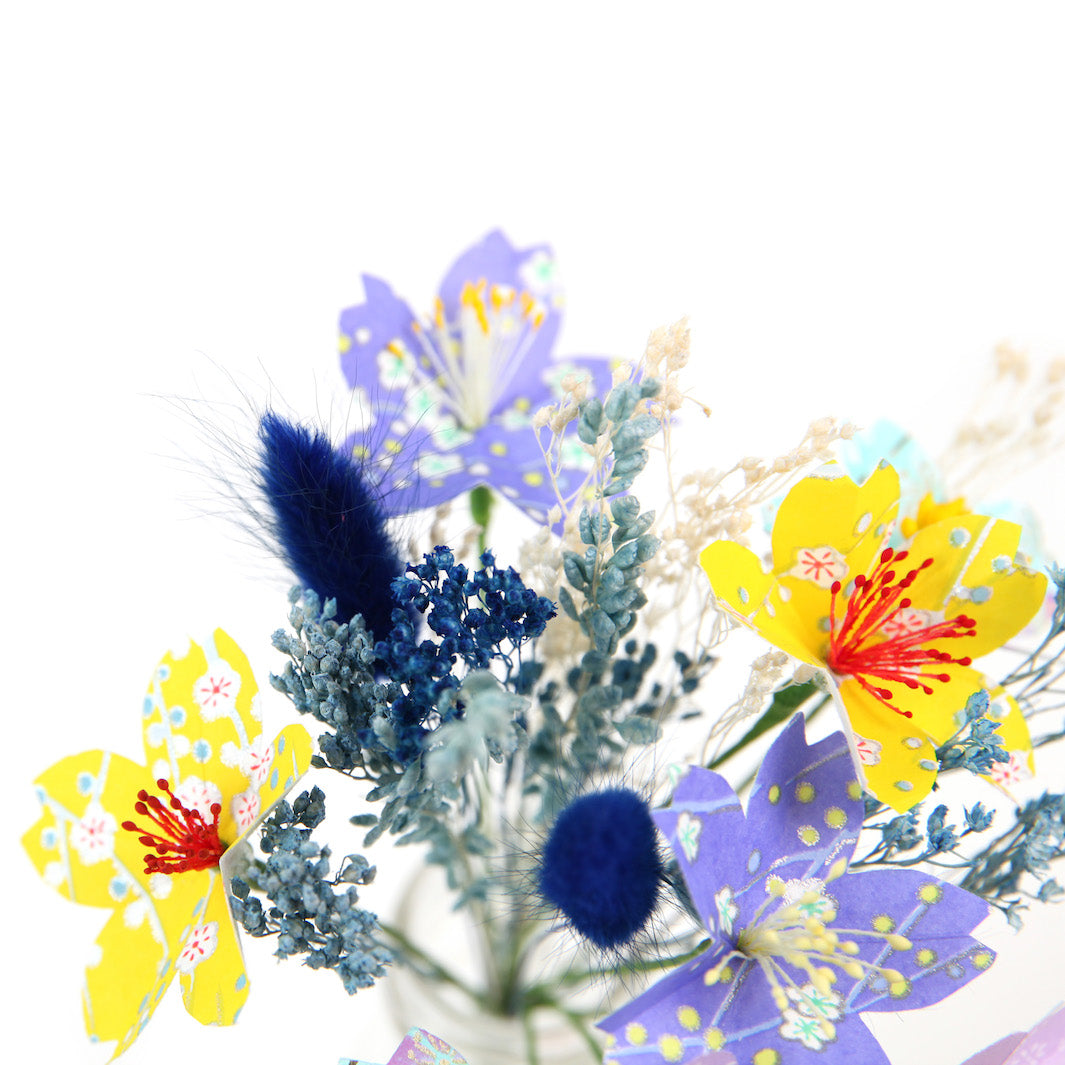 Bouquet of Japanese Paper Flowers and Dried Flowers - Purple, Green, Yellow and Turquoise