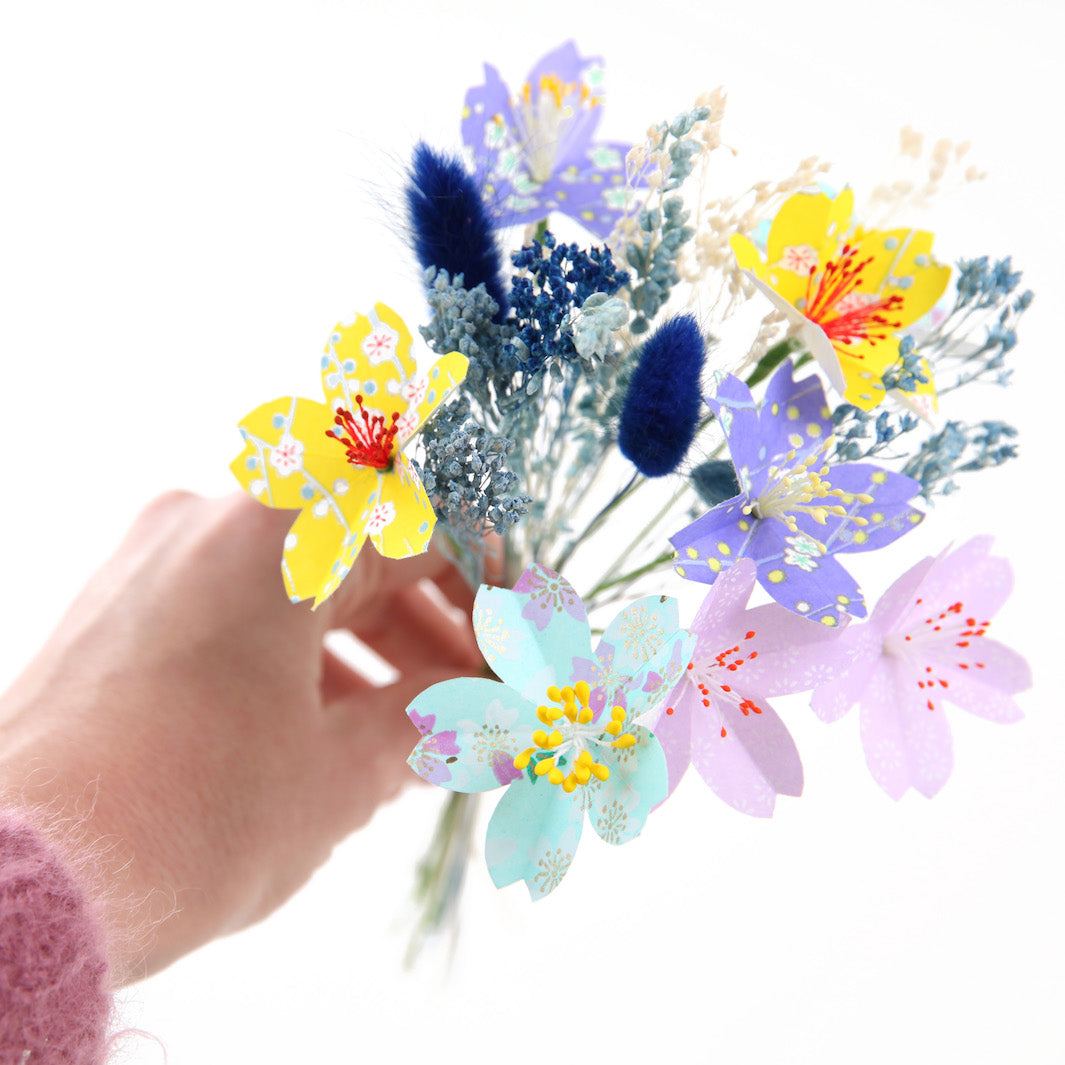 Bouquet of Japanese Paper Flowers and Dried Flowers - Purple, Green, Yellow and Turquoise