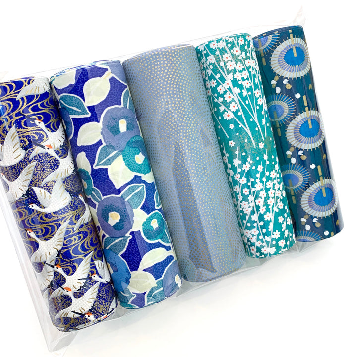 Set of 5 Rolls of Japanese Paper - Midnight Blue, Turquoise Blue and Gray Blue