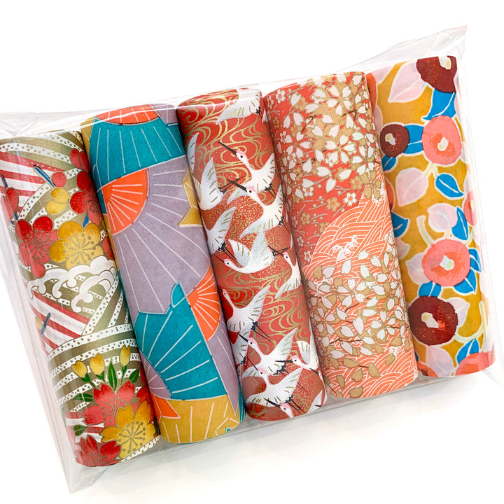 Lot de 5 Rouleaux de Papiers Japonais - Rouge Orangé, Jaune Moutarde et Bleu Turquoise