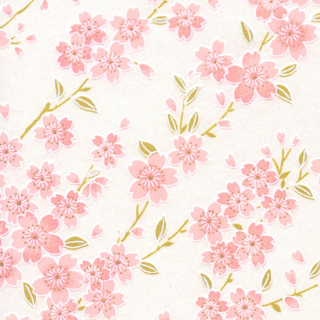 carré de 10cm par 10cm de papier japonais yuzen chiyogami aux motifs de branches de cerisier en fleurs dans les tons blanc nacré, rose poudré et vert tilleul  (M899)