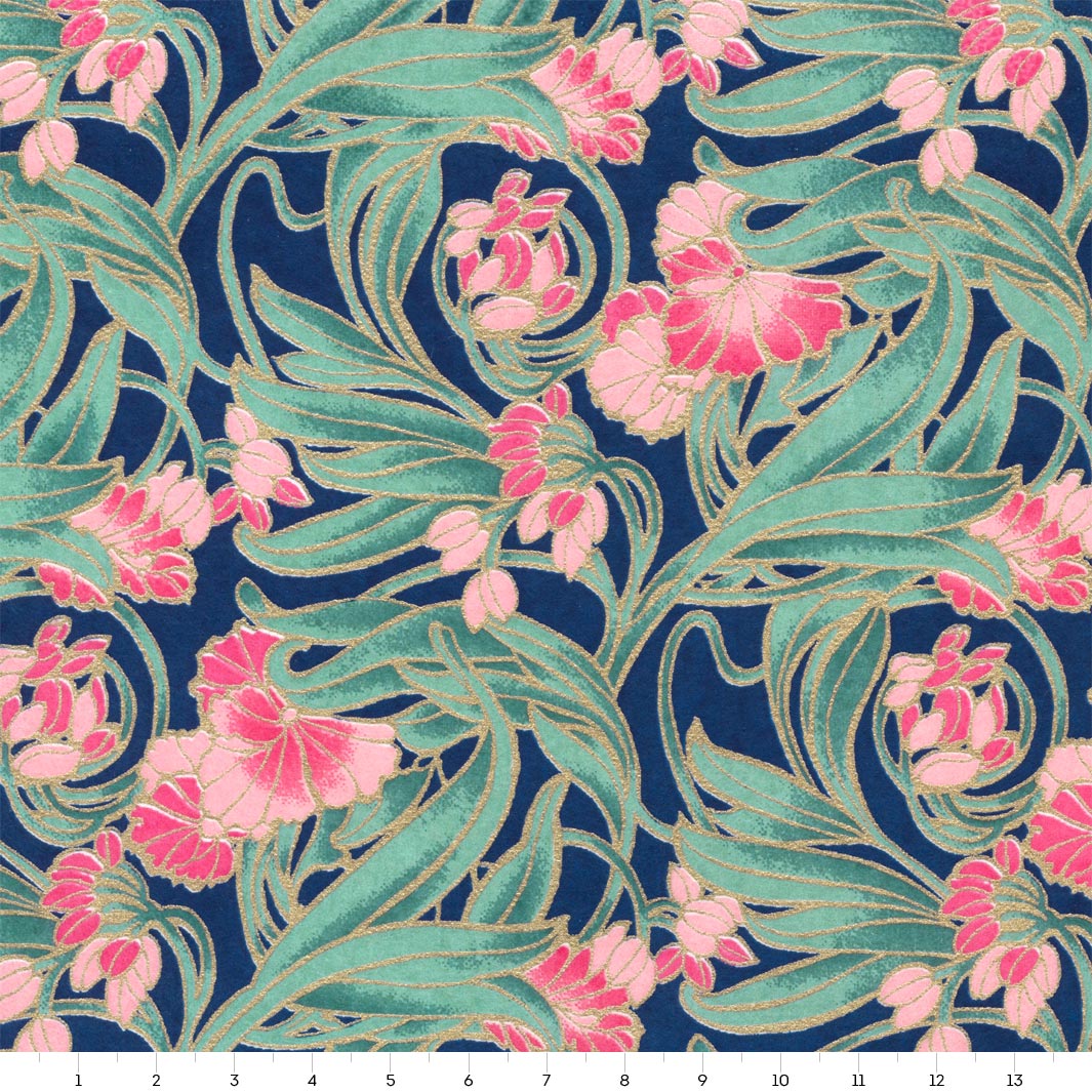 carré de 14cm par 14cm de papier japonais yuzen chiyogami aux motifs de fleurs art nouveau bleus, roses et vertes (M947)