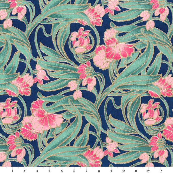 carré de 14cm par 14cm de papier japonais yuzen chiyogami aux motifs de fleurs art nouveau bleus, roses et vertes (M947)