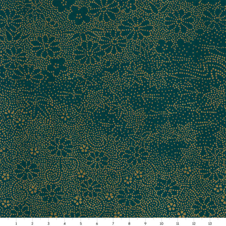 carré de 14cm par 14cm de papier japonais yuzen chiyogami aux motifs de paysage en pointillés dans les tons bleu canard et dorés adeline klam (M627)