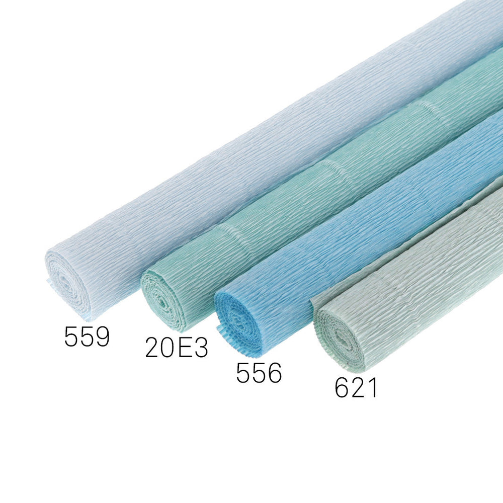5 rouleaux de papiers crépon dans différents tons de bleu clair
