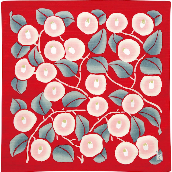 Furoshiki - Camellias - Pink, Red Background - Yumeji Takehisa - 48x48cm