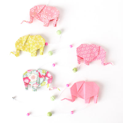 Guirlande d'éléphants en origami - Rose, Vert acidulé