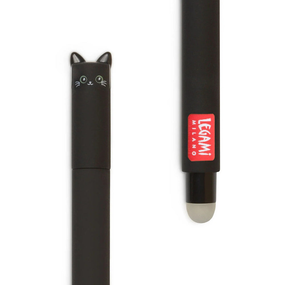 zoom d'un stylo gel effaçable au capuchon en forme de tête de chat noir