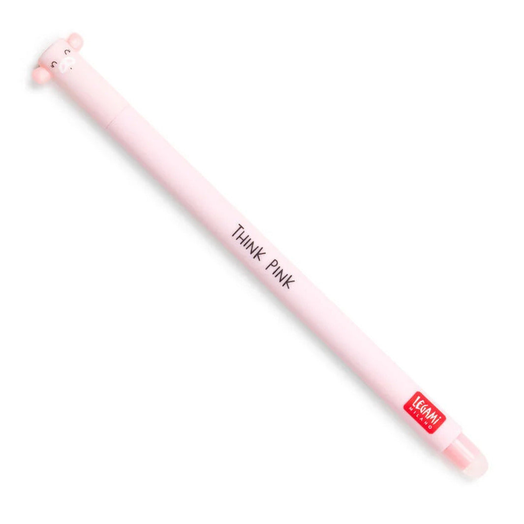 photo packshot d'un stylo gel effaçable au capuchon en forme de tête de cochon rose