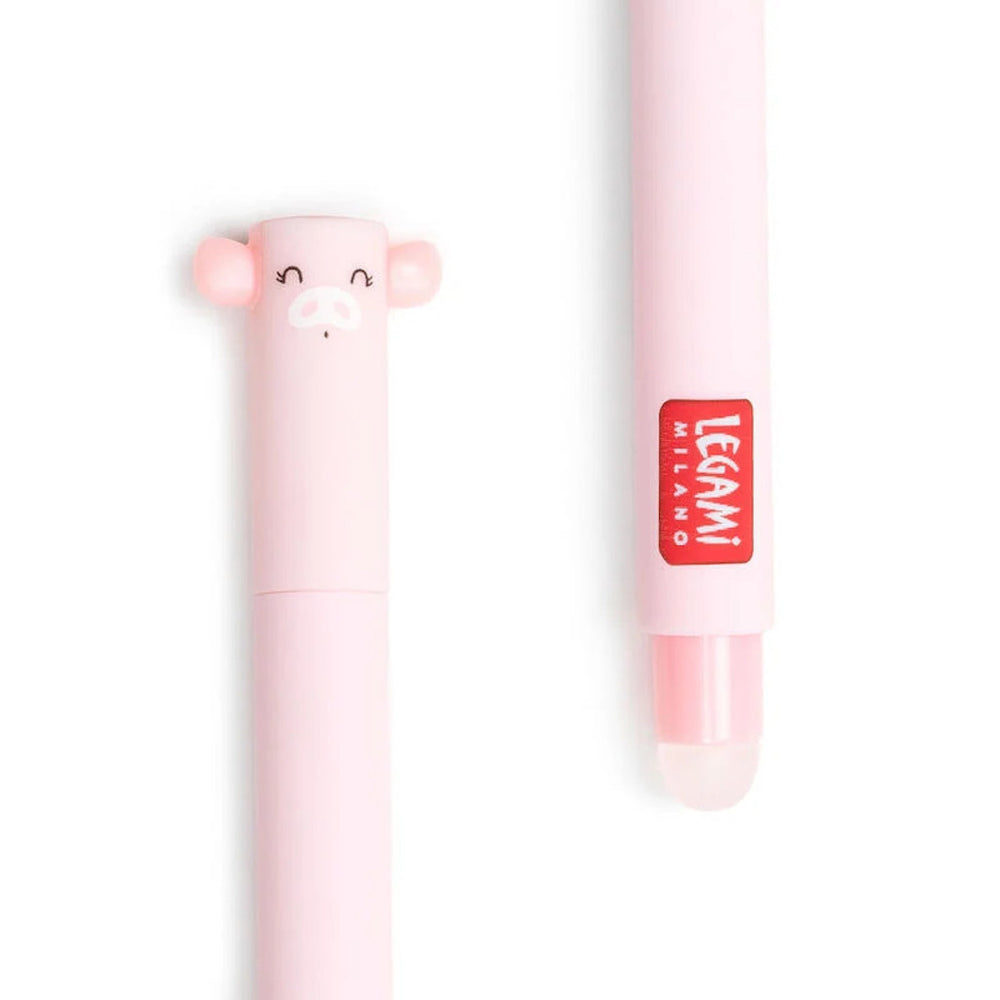 zoom d'un stylo gel effaçable au capuchon en forme de tête de cochon rose