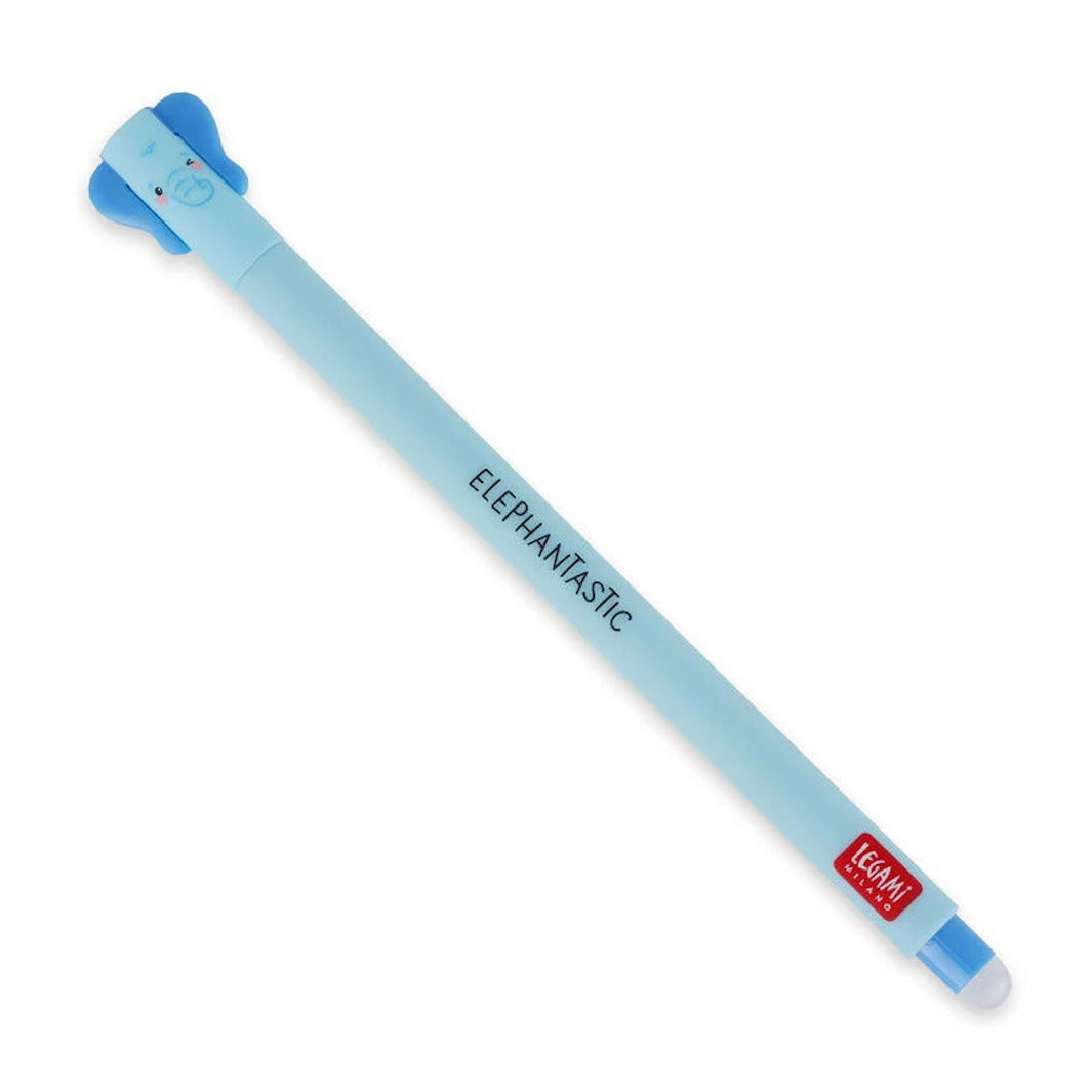 photo packshot d'un stylo gel effaçable au capuchon en forme de tête d'éléphant bleu