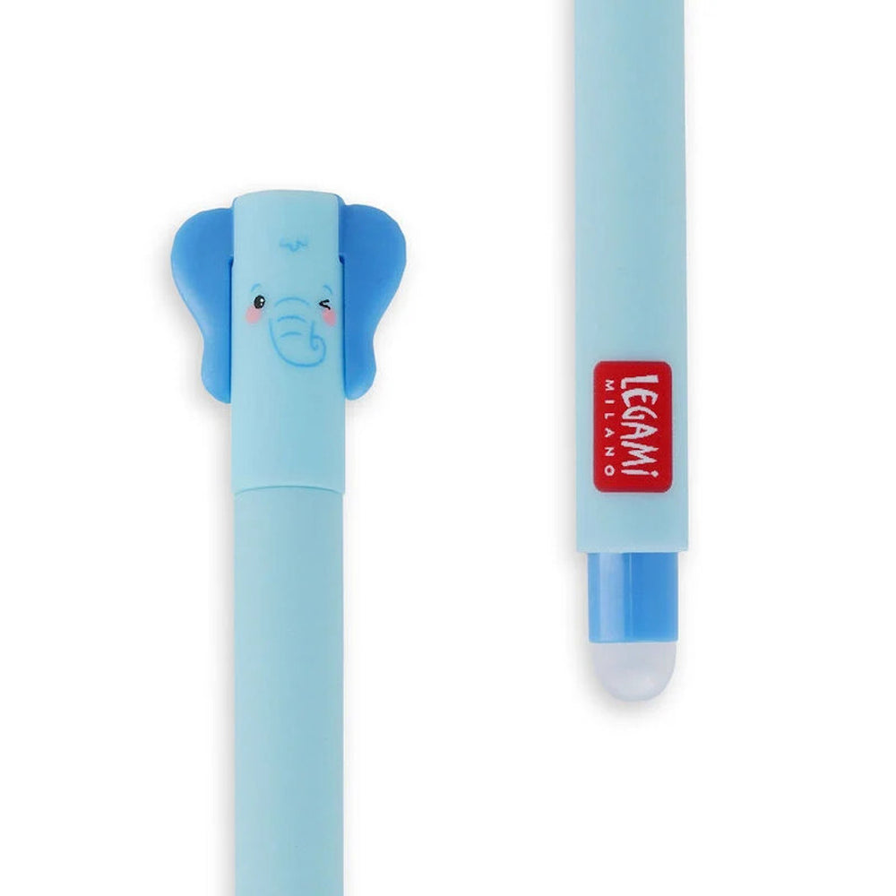 zoom d'un stylo gel effaçable au capuchon en forme de tête d'éléphant bleu