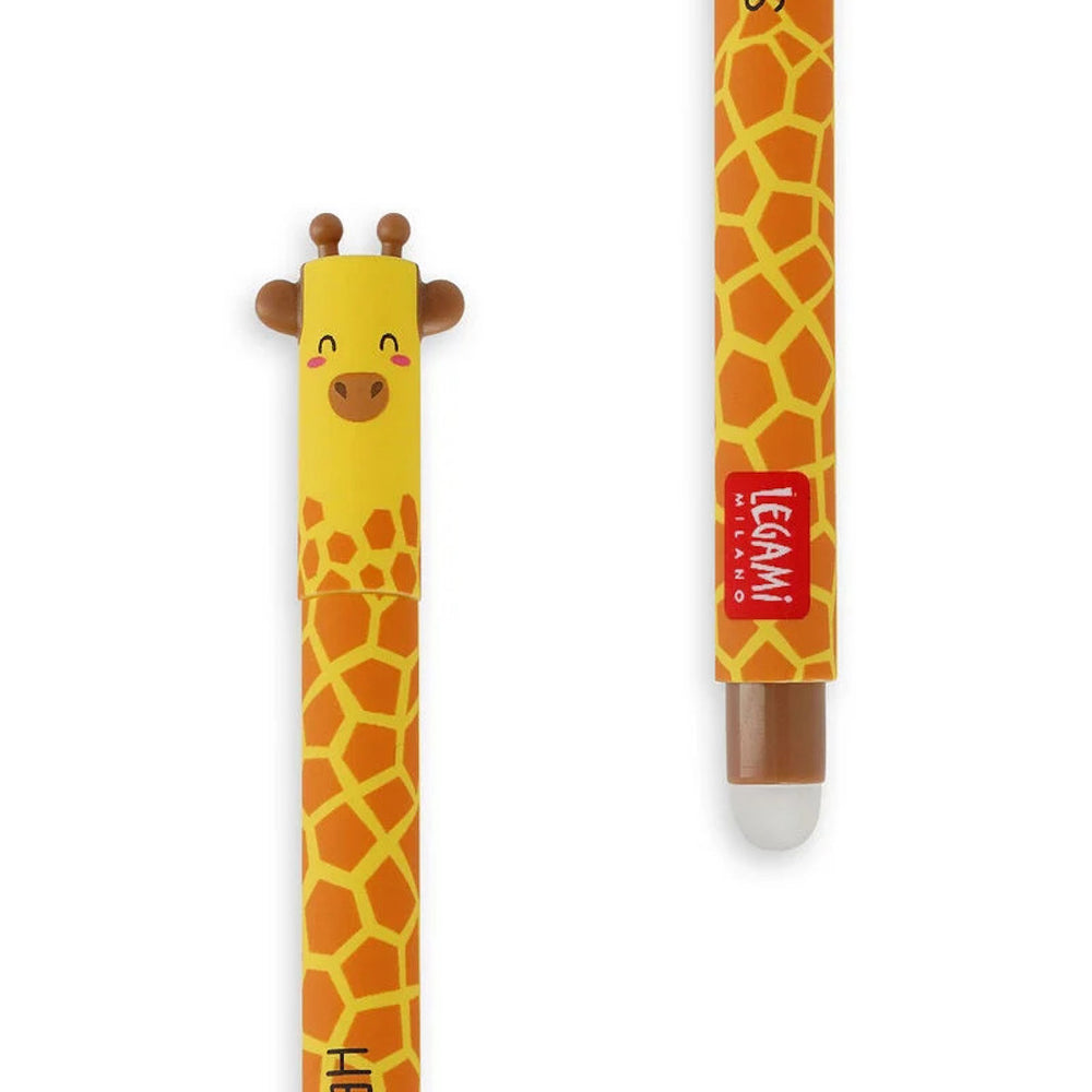 zoom d'un stylo gel effaçable au capuchon en forme de tête de girafe jaune