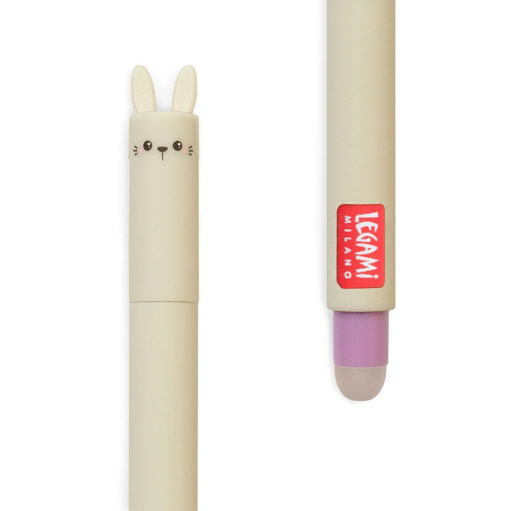 zoom packshot d'un stylo gel effaçable au capuchon en forme de tête de lapin beige