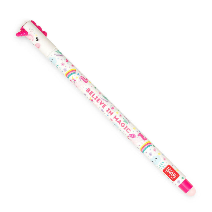photo packshot d'un stylo gel effaçable au capuchon en forme de tête de licorne multicolore