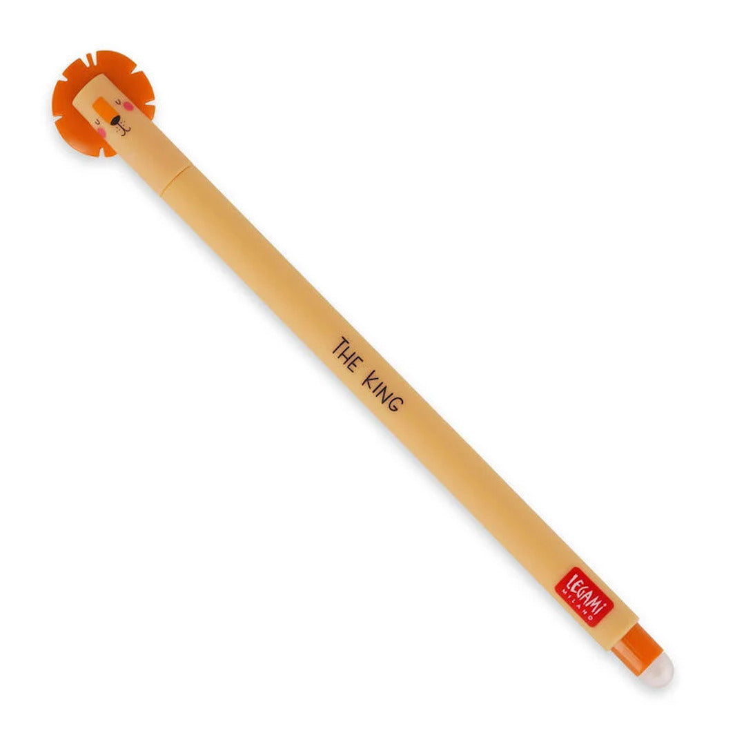 photo packshot d'un stylo gel effaçable au capuchon en forme de tête de lion orange