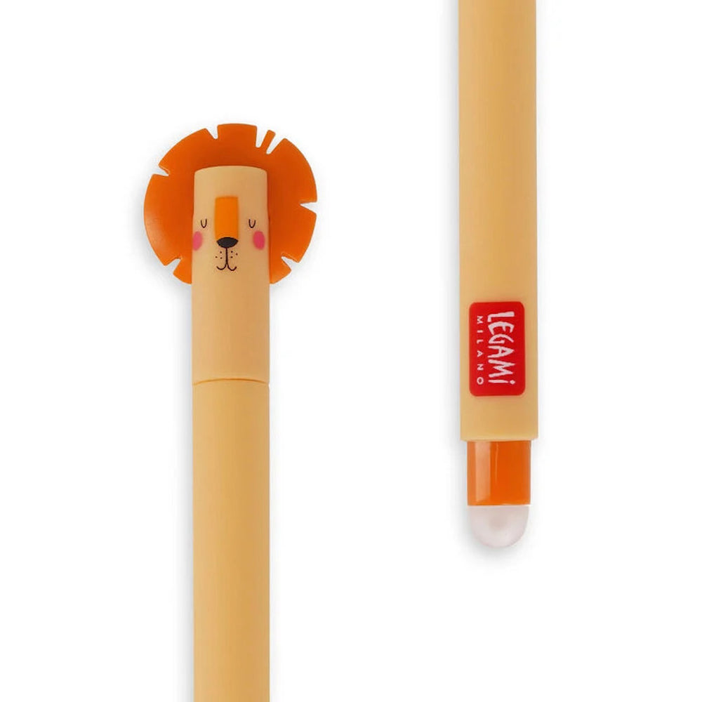 zoom d'un stylo gel effaçable au capuchon en forme de tête de lion orange