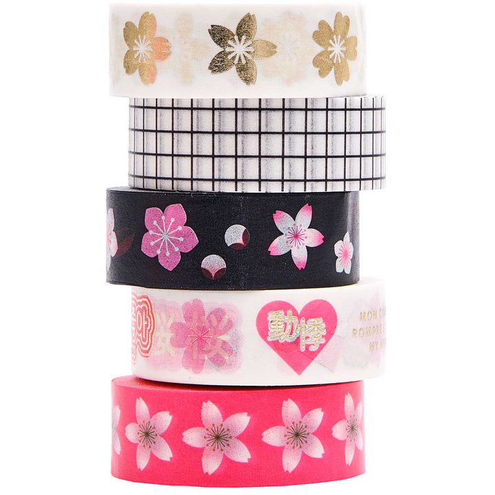 Lot de 5 Masking-Tape - Sakura et Manga - Rose, Blanc, Noir et Or