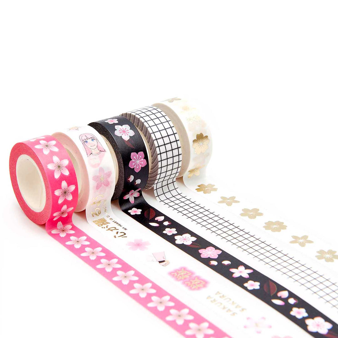 Lot de 5 Masking-Tape - Sakura et Manga - Rose, Blanc, Noir et Or