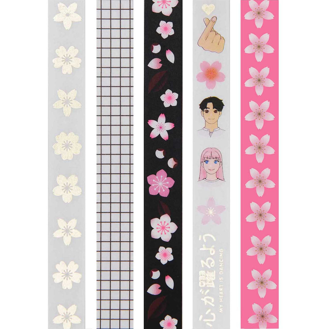 Lot de 5 Masking-Tape - Sakura et Manga - Rose, Blanc, Noir et Or