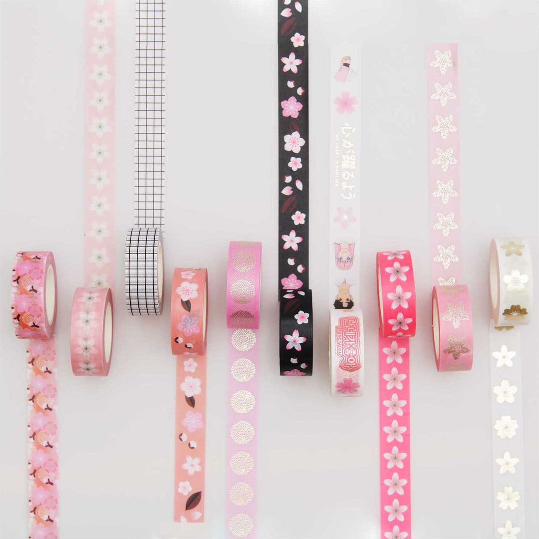 Lot de 5 Masking-Tape - Sakura et Manga - Rose, Blanc, Noir et Or